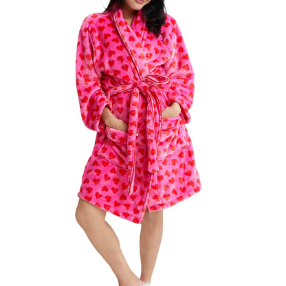 Dourbesty Women Striped Fleece Robe Fuzzy Y2K Printed Long Sleeve Shawl Collar Bath Robe Cute Plush Warm Kimono with Pocket 2025 C