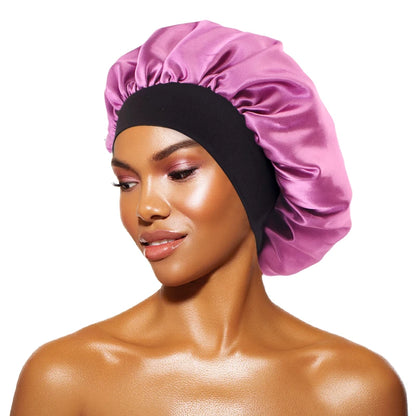 Women's Satin Solid Bonnets Wide-brimmed Night Sleeping Bathing Hat Unisex Head Wrap Elastic Band Cap Hair Care Bonnet taro purple One Size