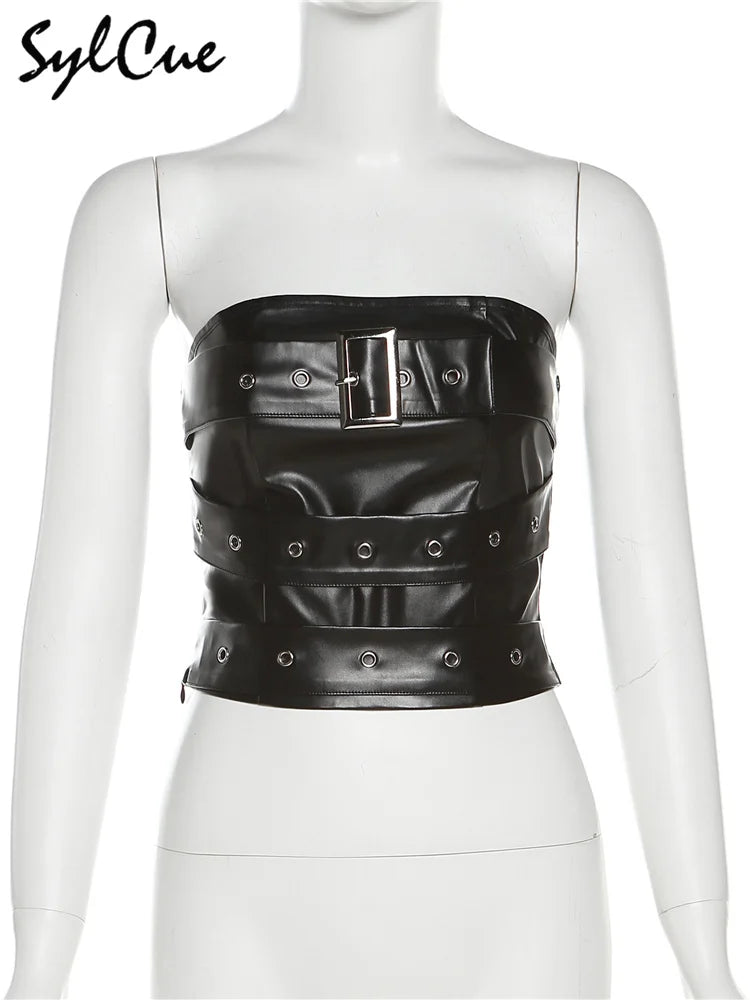 Sylcue Classic Retro Matte Black Mysterious Sexy All-Match Personality Fashionable Summer Travel Cool Women Belt Chest Wrap Vest