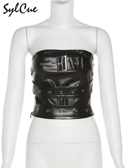 Sylcue Classic Retro Matte Black Mysterious Sexy All-Match Personality Fashionable Summer Travel Cool Women Belt Chest Wrap Vest