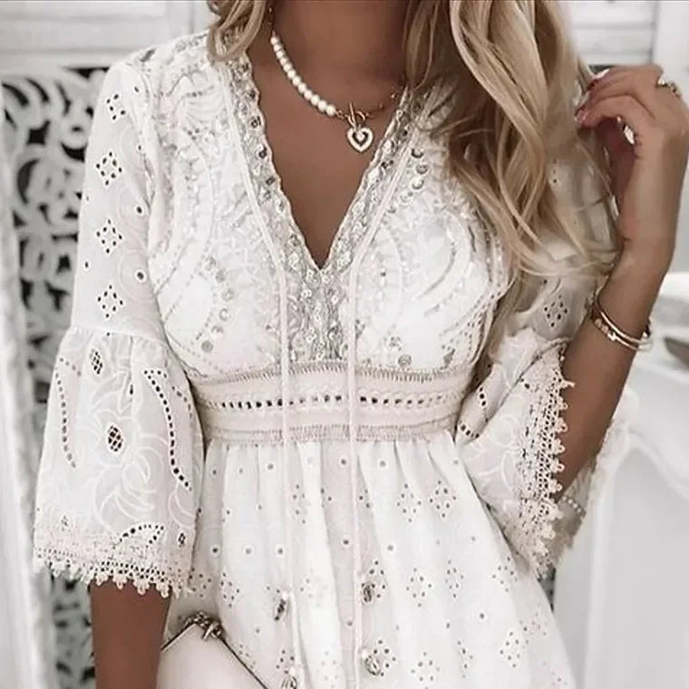 Hollow Out Summer Dress for Women Female V Neck Long Sleeve White Dresses Loose Solid Casual Women Beach Holiday Dress Vestidos Badiee Stylez