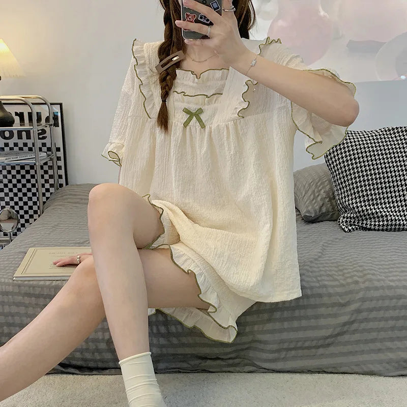 Pajamas Women's Summer Short-Sleeved Japanese Girls Solid-Coloured Breathable Large Size Bubble Cotton Casual Pajamas Homewear