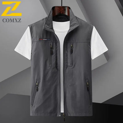 Men's Summer vest 2024 Thin Style Multi Pocket Waterproof Durable Large Size Casual Outdoor Travel Vest Men's Sleeveless Jacket Dark Grey