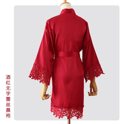 Wedding Embroidery Bride Bridesmaid Kimono Dresses Lace Gown Sexy Women Robes Home Gown Bathrobe Short Night Shirts Sleepwear1PC No words wine red 1