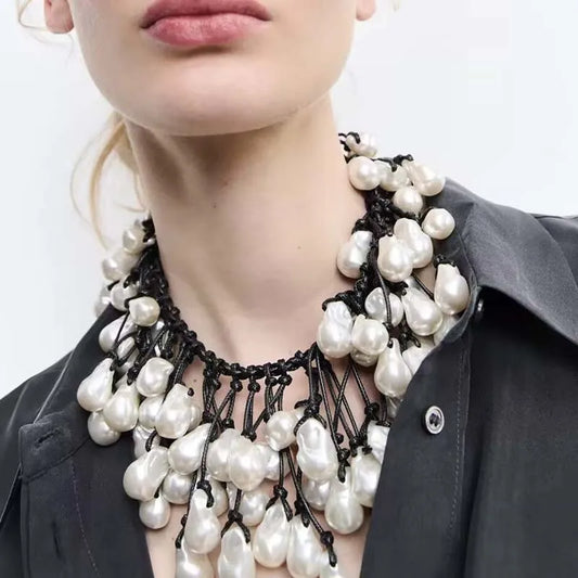 HUANQI Exaggerated Elegant Punk Sweet Cool Hot Girl Style Imitation Pearl Necklace for Women's Daily Date Jewelry A