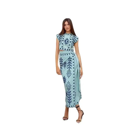 Elegant Women's Retro Printed Sleeveless Half High Neck Short Top With Vacation Style Two-piece Vestidos For Spring/summer 2024