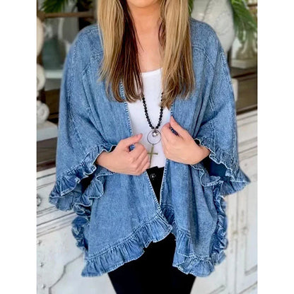 Women Plus Size Denim Jacket Splicing Pocket Ruffle 3/4 Sleeves Loose Irregular Hem Washed Summer 2025 Vintage Female Cardigans