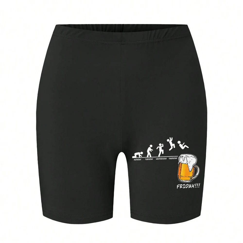 Trend Women Sports Shorts Simple White Line Letter Graphic Print Tight Shorts High Elastic Comfortable Soft Thin Female Clothes