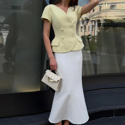 Elegant Short Sleeve Women's Top 2025 Summer Fashion V-neck Button Slim Office Lady Commuting Tops Street Solid Female Shirt