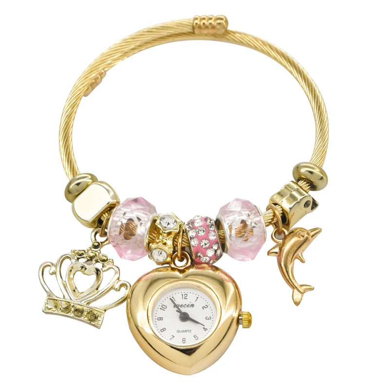 Women's Bracelet Watch Love With Stylish Decor Refined Round Quartz Watch Casual Elegance