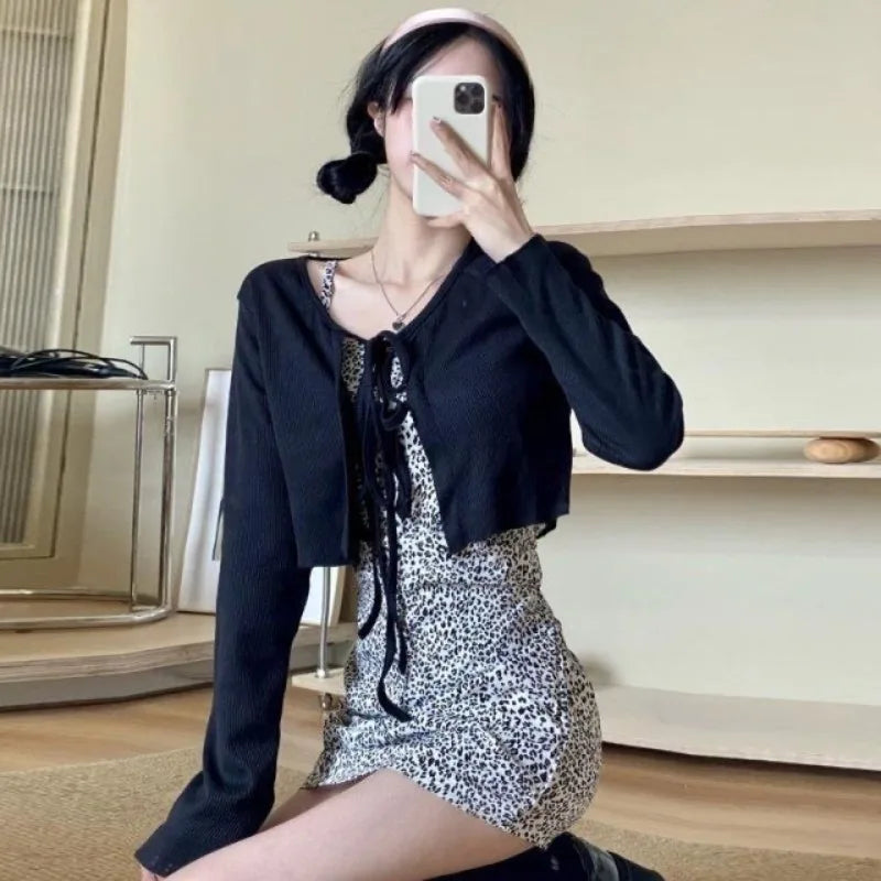 Casual Knitted Cardigan Women Fashion Thin Sunscreen Lace-Up Knitwear Tops Y2k Girls Korean Style Flare Sleeve Cropped Coat