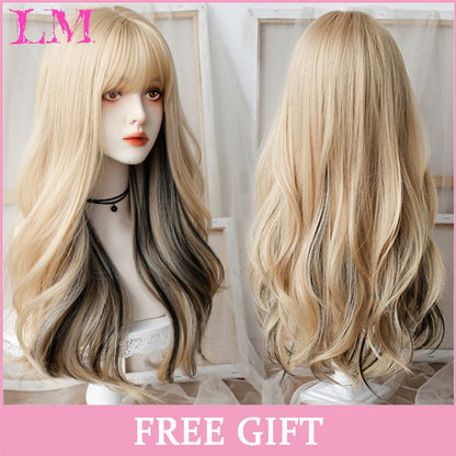LM Long Silky Straight Synthetic Wigs with Bangs Black Cosplay Party Lolita Hair Wigs for Women Natural Heat Resistant Wig LIANGMO 1