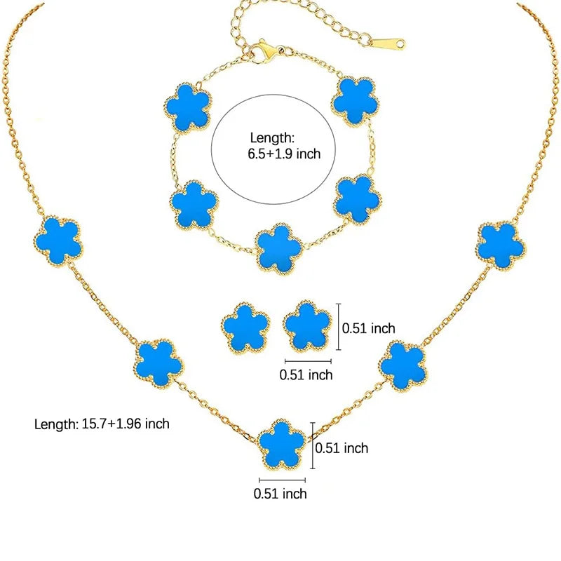 Stainless Steel Sets Earrings Necklace Bracelet Christmas Birthday Gifts Gold Plated Women's Double Sided Flower Elegant Fashion