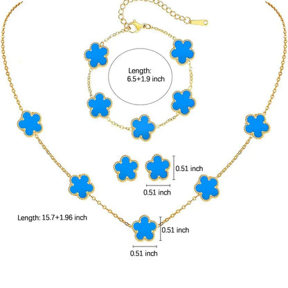 Stainless Steel Sets Earrings Necklace Bracelet Christmas Birthday Gifts Gold Plated Women's Double Sided Flower Elegant Fashion