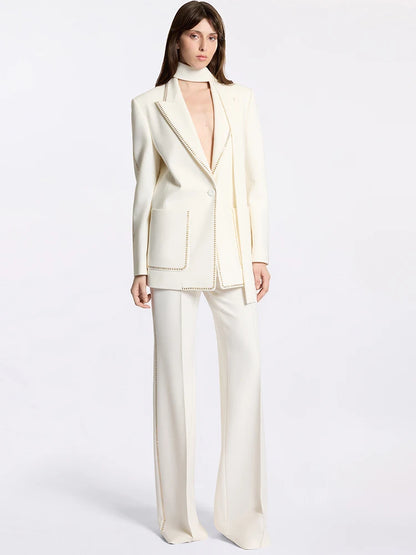 HIGH STREET Newest Fashion 2024 Designer Suit Set Women's Beading Belted Single Button Blazer Pants Set 2pcs Badiee Stylez