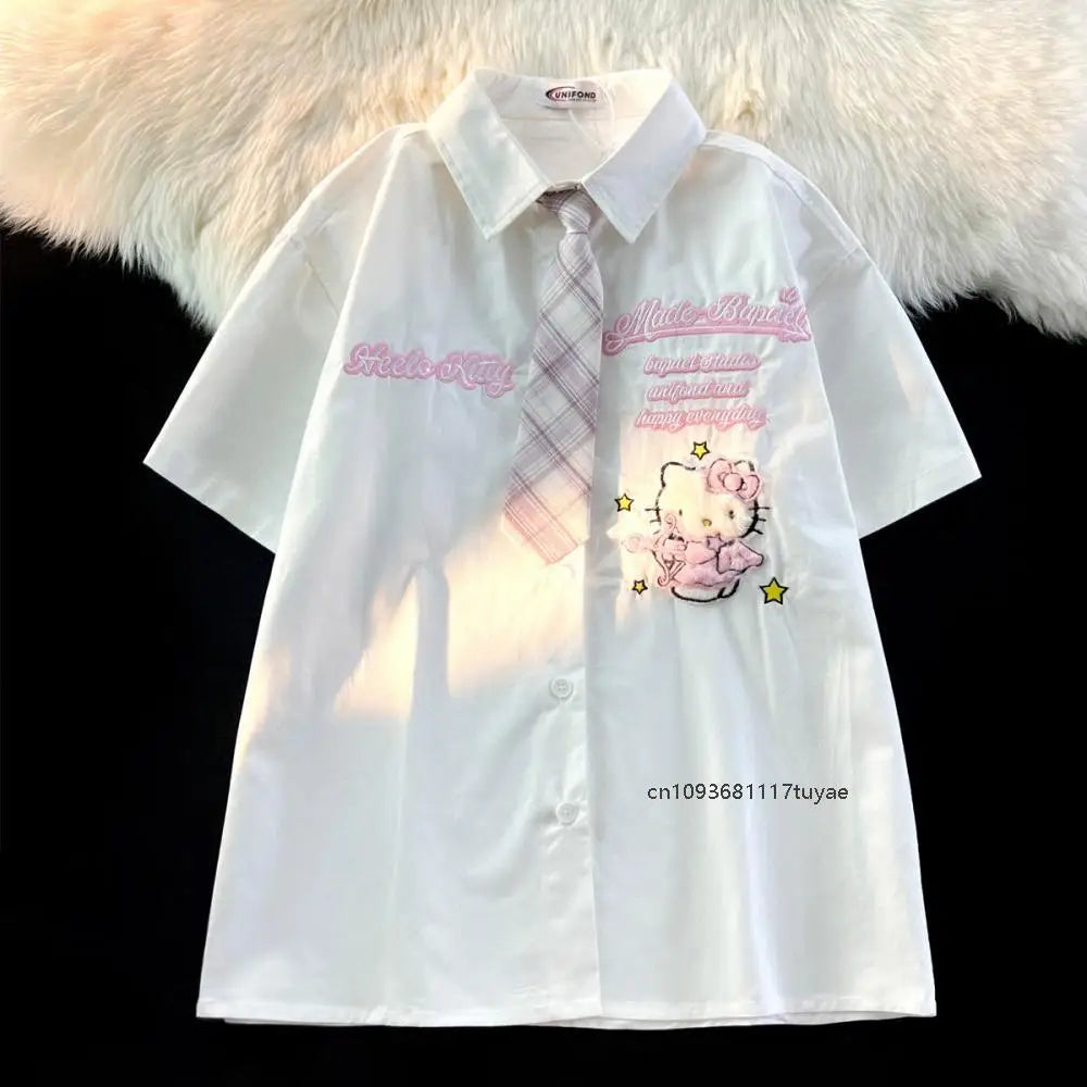 Hello Kitty Cute Short Sleeve Polo Shirts Women Sanrio Designer College Style Summer Blouse Korean Clothes Y2k New Fashion Tops