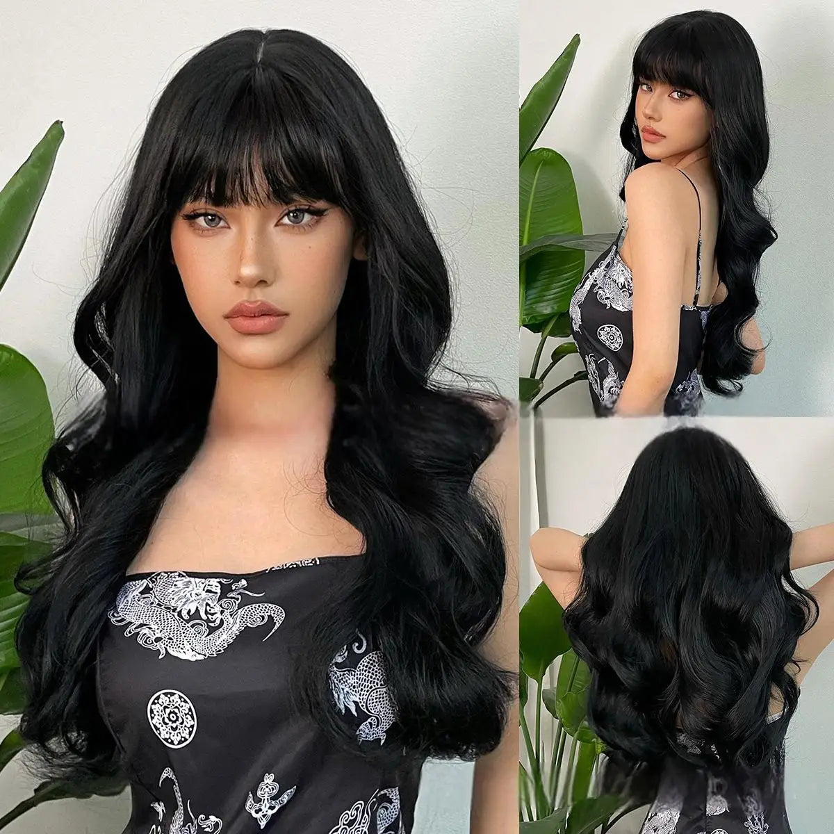 New fashion orange synthetic wig with fringe long curly hair festival daily wig high temperature silk full head cover 2502-131-black