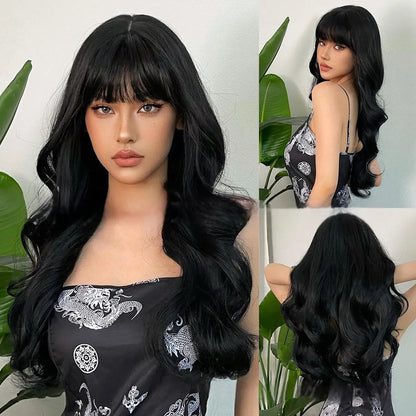 New fashion orange synthetic wig with fringe long curly hair festival daily wig high temperature silk full head cover 2502-131-black