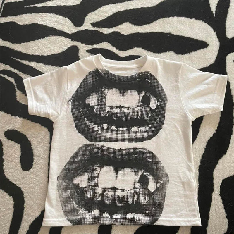 Punk Y2K Baby Short Sleeve Top Gothic Street T-shirt Women's Leisure Basic T-shirt Women's 2024 Summer Top E Girls' Gothic EMO WHITE