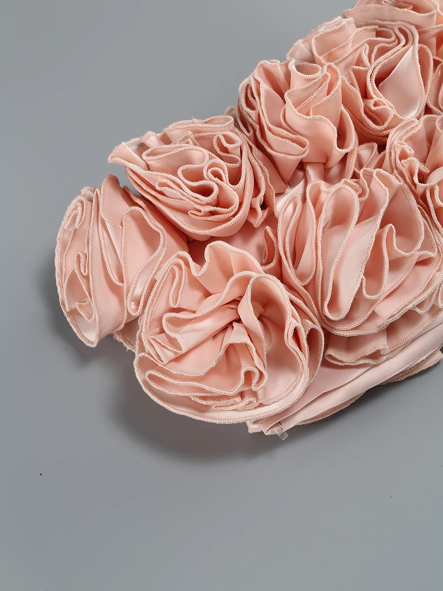 Pink Prom Dress Strapless Pink Structured Top With Floral Embellished Mini Skirt Bodycon Celebrity Party Cocktail 2 Pieces Set