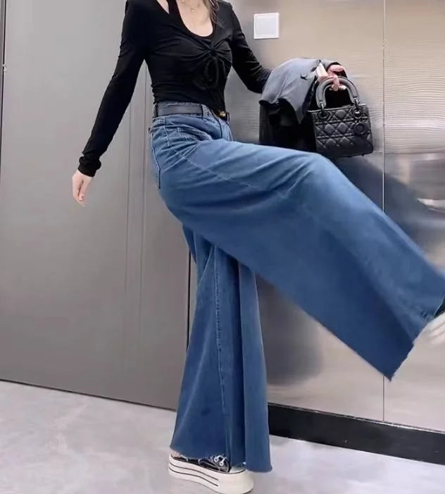 Retro Loose Super Wide-leg Jeans Women's 2024 Spring New Design Rough Edge Culottes Drape Floor Pants Women's Clothing Simple