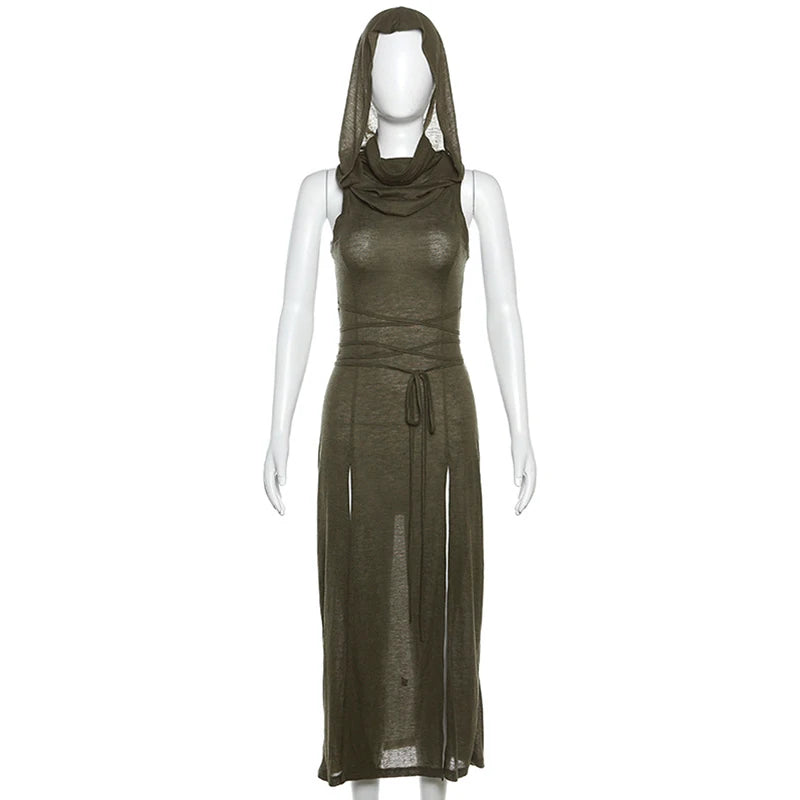 Xingqing Grunge Dress y2k Women Clothes Solid Color Sleeveless Hollow Out Back Slit Hooded Dress 2000s Halloween Party Dresses