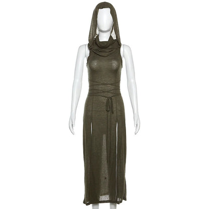 Xingqing Grunge Dress y2k Women Clothes Solid Color Sleeveless Hollow Out Back Slit Hooded Dress 2000s Halloween Party Dresses