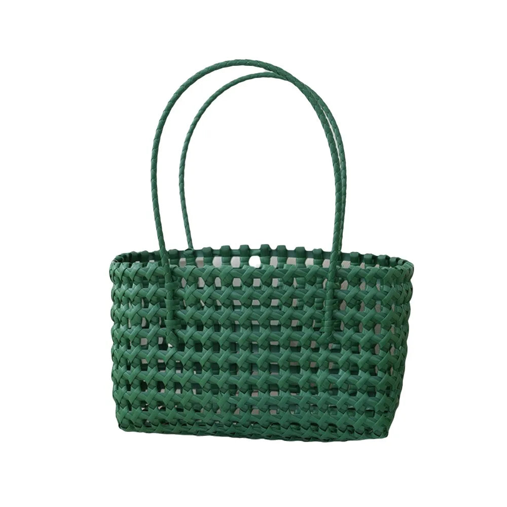 Plastic Hollow Weave Bag Countryside Style Bohemian Style Beach Tote Bag Large Capacity Bucket Bag Vegetable Basket Bag Green