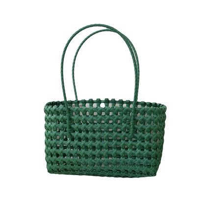 Plastic Hollow Weave Bag Countryside Style Bohemian Style Beach Tote Bag Large Capacity Bucket Bag Vegetable Basket Bag Green