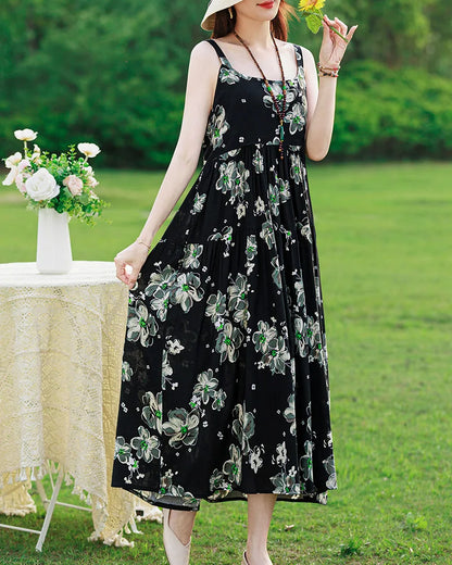 New Fashion Casual 2025 Summer Elegant Dresses For Women O-Neck Print Vintage Sleeveless Dress Loose Women Clothing color 8