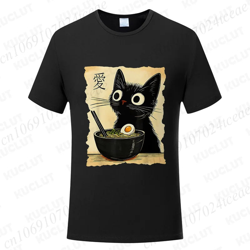 Funny Cat Ramen Graphic Tee Japanese Kawaii Anime Cat T-Shirt Fashion T-shirts Short Sleeve Clothes Trend Casual Unisex Tshirts X250102-1-1