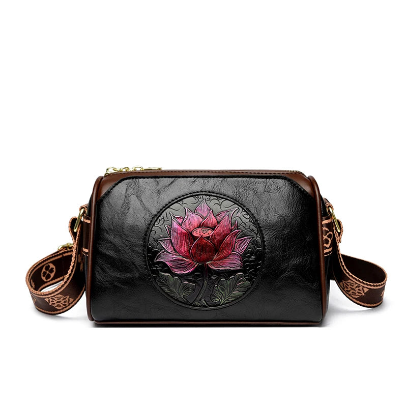 Three Layers Women Handbag Soft Leather Shoulder Crossbody Bags for Women Flower Print Ladies Messenger Bag with WIde Strap Black