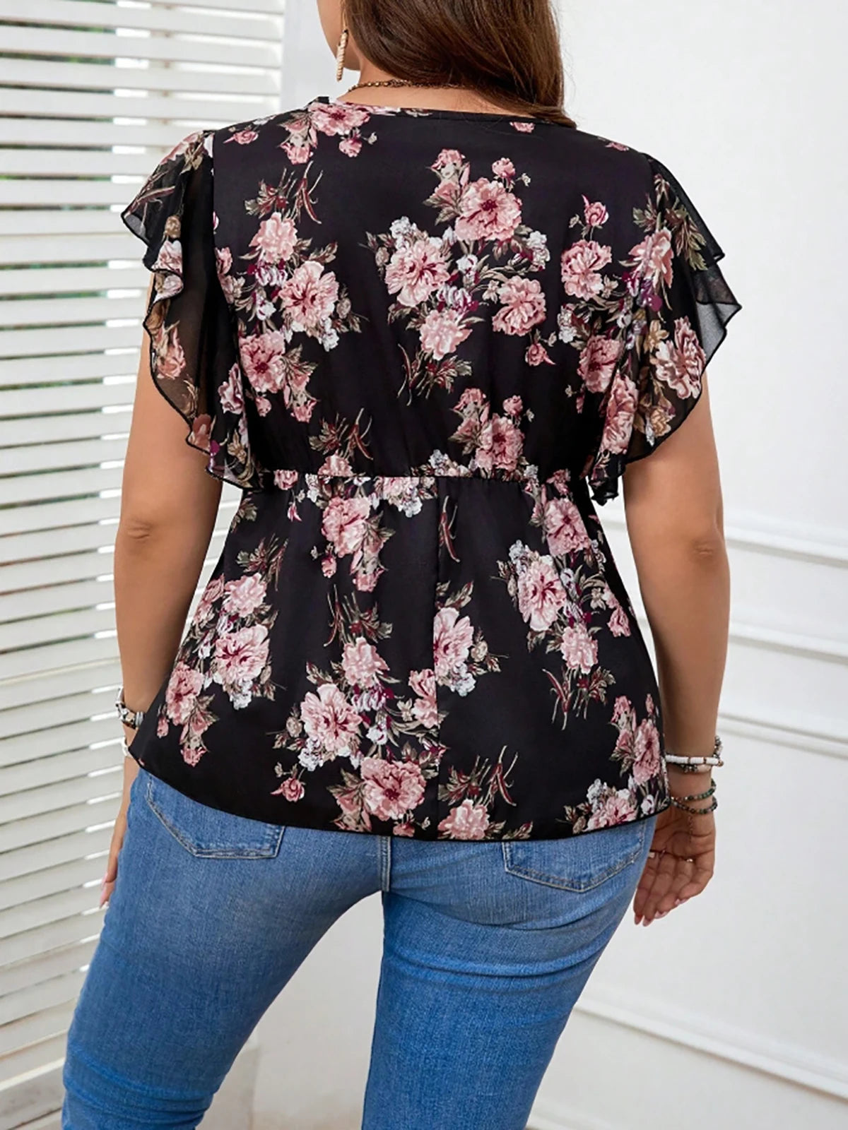 Plus Size Floral Printed Women’s Shirt Blouse Elegant Ruffle Sleeveless Lace-up V-Neck Female Summer Top Casual Vacation Blouses
