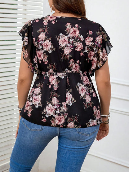 Plus Size Floral Printed Women’s Shirt Blouse Elegant Ruffle Sleeveless Lace-up V-Neck Female Summer Top Casual Vacation Blouses