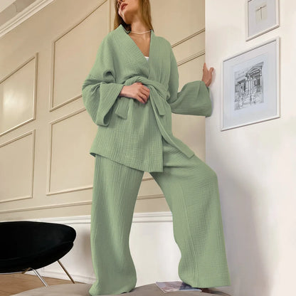 NHKDSASA Kimono Pajamas 2023 New 100% Cotton Crepe Long-Sleeved Trousers Ladies Sleepwear Suit Women's Home Service Mujer Light Green
