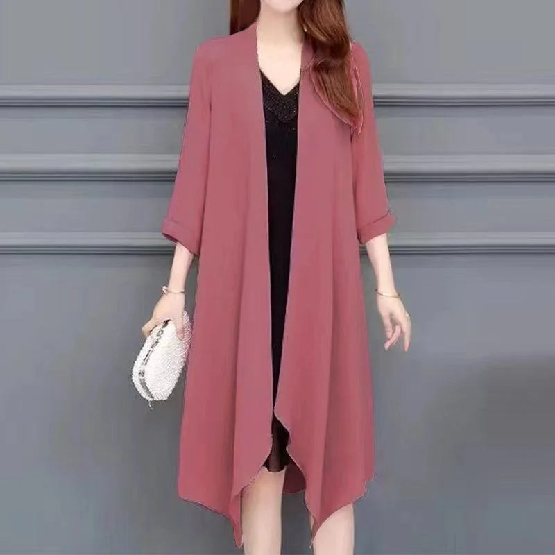 Summer Sun Protection Clothing Women Chiffon Cardigan Half Sleeve Blouse Shirts Ladies Shawl Female Tops Women Loose Thin Coats pink