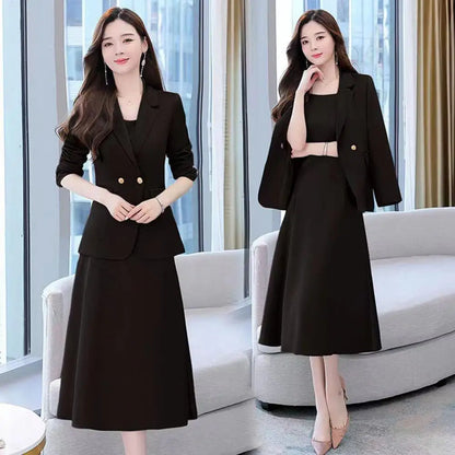 2Pcs/Set Summer Women Suit Dress Outfit Solid Color Mid-length Lady Dress Sets Light Luxury Commute Sling Dress Coat Set