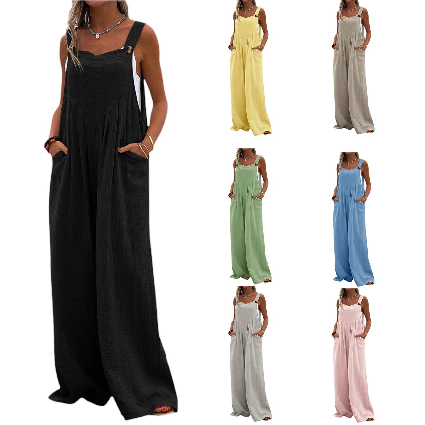 Overalls Women Summer Jumpsuit Outfits Plus Size Solid Color Casual Button Wide Leg Suspender Pants Overalls with Pockets