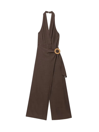 TRZA Women's Fashion Halter Neck Jumpsuit Backless Side Zipper Playsuit Buckle Detail Female Clothing