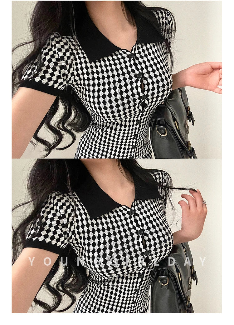 American Style Diamond Checkered Lapel Single Breasted Slim Short Sleeved Dress Elegant Tight Thin Dress T Shirt Mini Dress X0P7 Badiee Stylez