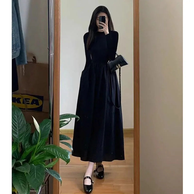 Lucyever French Style Black A-Line Dresses Women Elegant High Waist Long Sleeve Midi Dress Autumn Winter Slim Fit Maxi Dress Badiee Stylez