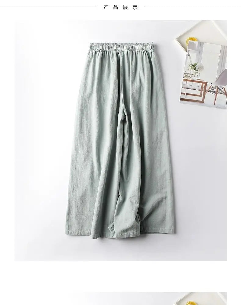 Summer Cotton Linen Cropped Pants Women Casual Thin Vintage Ethnic Bottom Embroidered Wide Leg Pants Woman Clothes Trousers