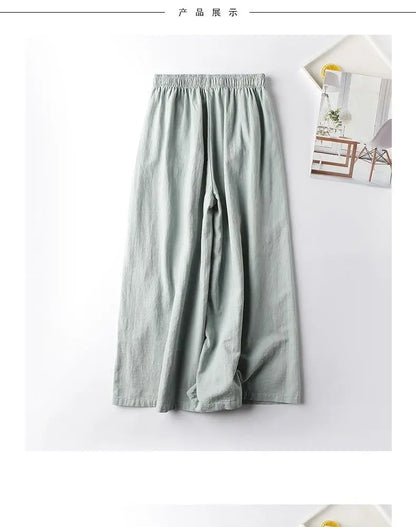 Summer Cotton Linen Cropped Pants Women Casual Thin Vintage Ethnic Bottom Embroidered Wide Leg Pants Woman Clothes Trousers
