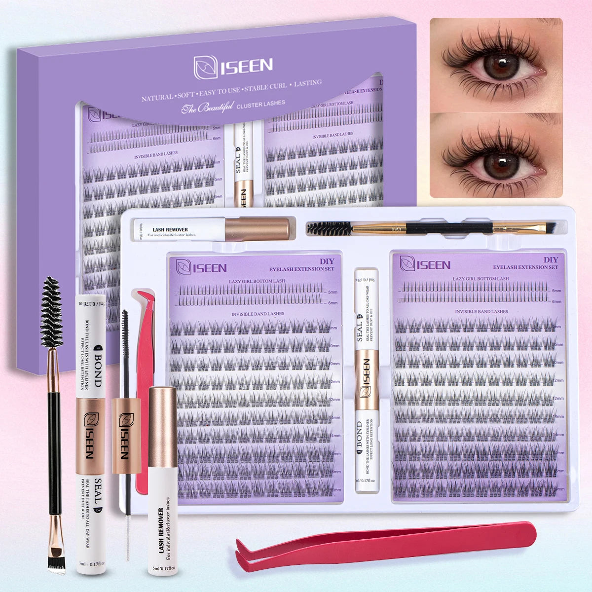 ISEEN DIY Eyelash Extension Kit Cluster Mix Eyelashes Full Set Lashes Kit with Lash Bond & Seal and Eyelash Tweezers and Brush Venus Kit