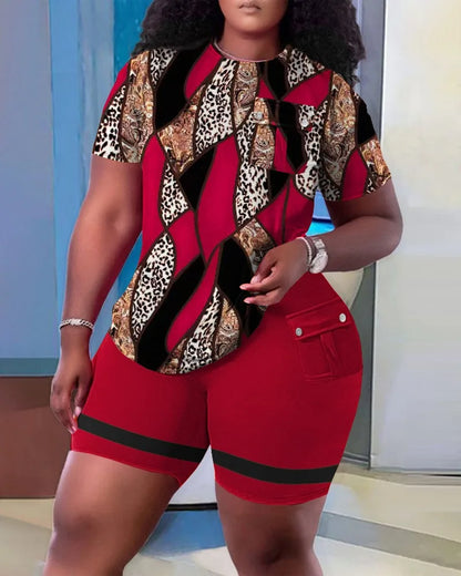 Women Two Piece Shorts Sets Solid Round Neck T Shirts Pockets Elastic Waist Short Trousers Suits Leisure Ladies 2025 Summer G