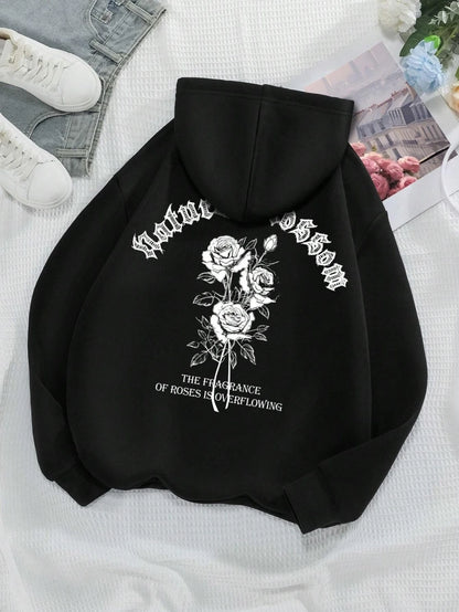 Fashion Women Hoodies Vintage Letters & Flowers Printed Sweatshirts Spring Crewneck Pullover Loose Fleece Female Tops Clothes Black
