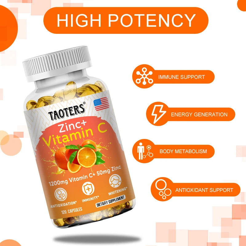 Vitamin C + Zinc Supplement - Antioxidant, Highly Absorbable, Helps Skin Health, Nourishes Skin, Immune Function and Metabolism