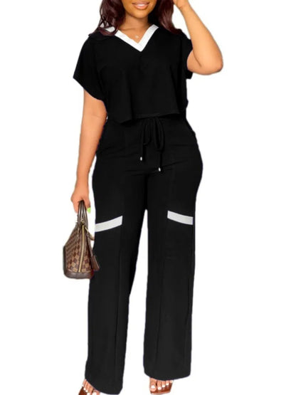 Elegant Women's Casual Short Sleeve T-shirt Sports Suit Summer Fashion Solid V Neck Short Top & Straight Pants Two Piece Sets black CHINA