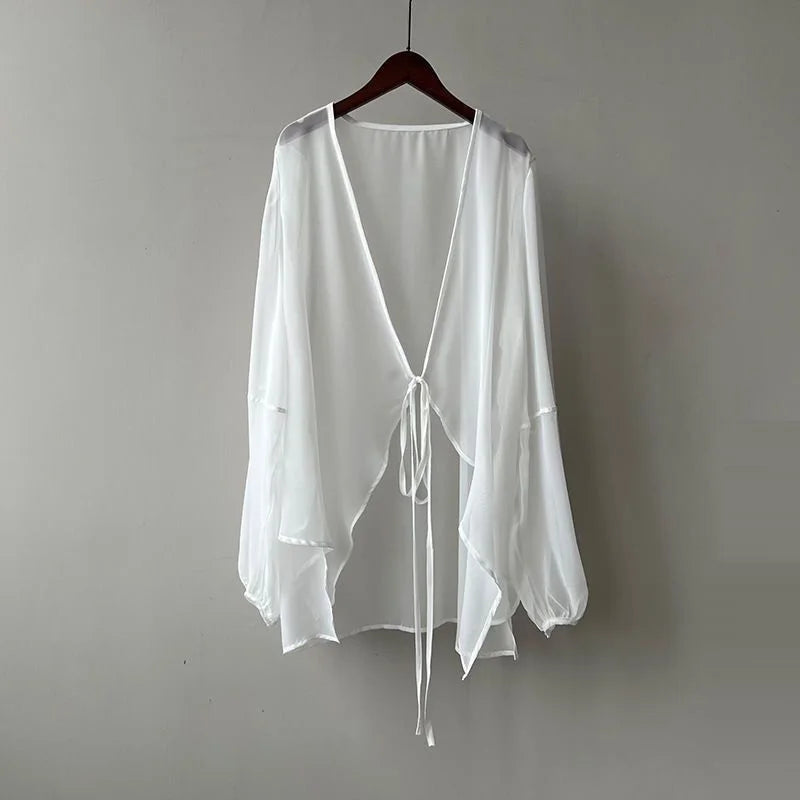 Summer Sun Protection Shirt Korean Women Chiffon Cardigan Blouse Solid Color Ladies Shawl Female Oversize Casual Loose Coats white