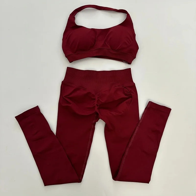 No Logo Yoga Legging Sets for Women Seamless Yoga Set Scrunch Butt Legging Set Workout Gym Suit with Halter Crop Top Badiee Stylez